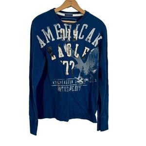 American Eagle Blue Embroidered Long Sleeve Shirt Vintage Fit M Y2K Vintage